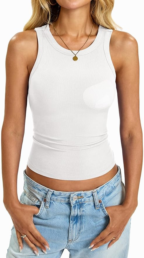 Womens Built in Shelf Bra Tank Tops Padded Ribbed High Neck Shirts Slim Fitted Basic Summer Sleev... | Amazon (US)