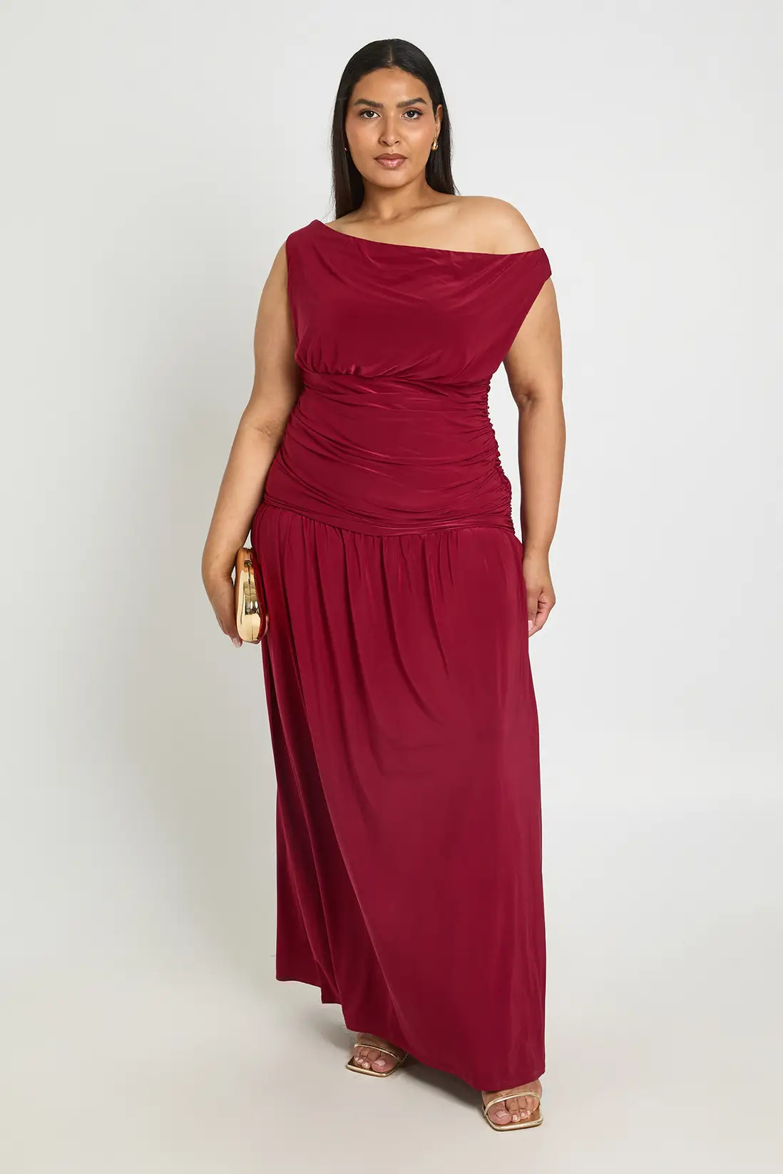 Burgundy Plus Drape Ruched Body Maxi Dress | Boohoo USA | boohoo (US & Canada)