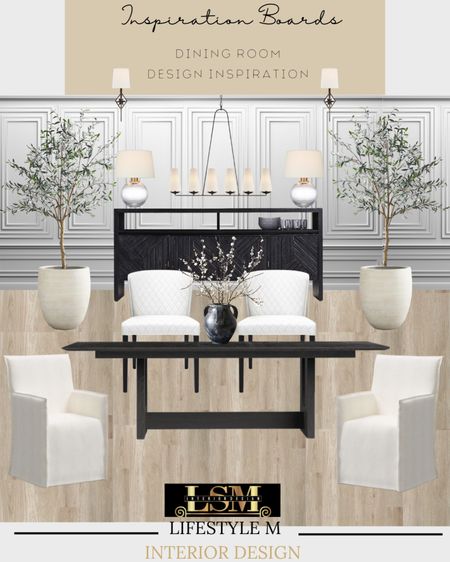Modern farmhouse dining room trendy design. Recreate the look with these furniture and decor pieces. Black dining table, white dining chairs, wood floor tiles, white tree planter pot, faux fake tree, black ceramic vase, dining room chandelier, black wall sconce light, table lamp, black buffet console table.

#LTKhome #LTKstyletip #LTKFind