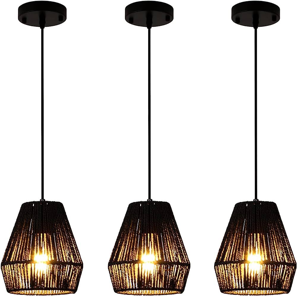 PINDODO 7" Black Pendant Light, Rattan Pendant Lights Basket Light Fixture,Coastal Boho Hanging L... | Amazon (US)
