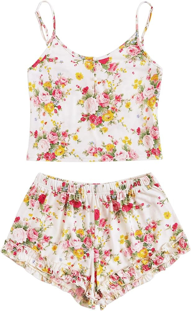 SheIn Women's Pajamas Sets Button Front Tank and Shorts Lounge Set Sleepwear | Amazon (US)