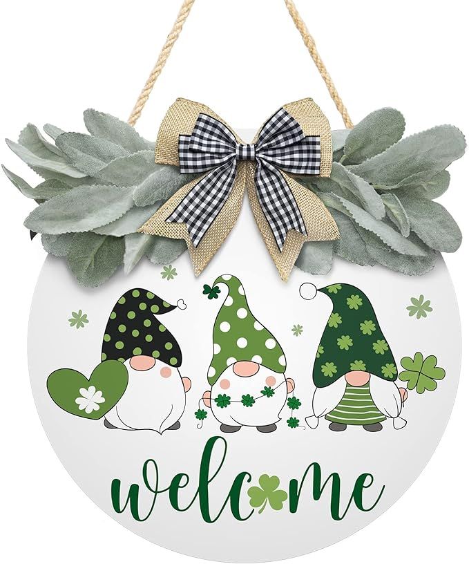 St Patrick's Day Welcome Sign Wreath For Front Door Decor Shamrock Hanging Door Sign Gnomes Patte... | Amazon (US)