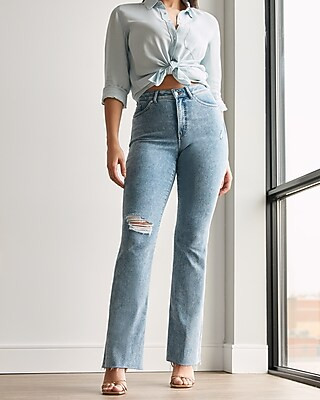 High Waisted Ripped Raw Hem Curvy Bootcut Jeans | Express