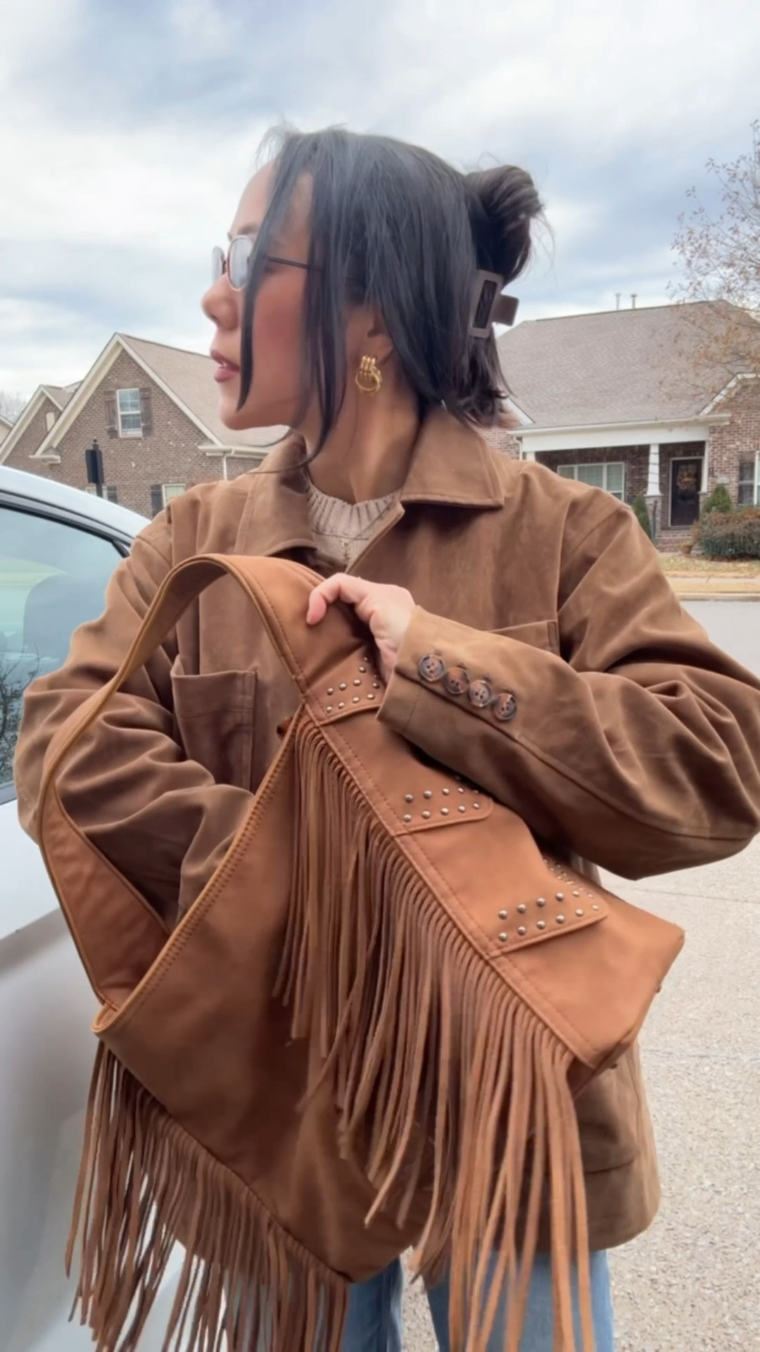 Oversized fit of the suede jacket, but still got my normal size S. Sweater is small and TTS. 

#LTKPetite #LTKootd #LTKmomlife