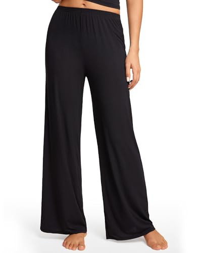 SOULVOR Women's Natrelax Pajamas Pants Wide Leg Casual Modal Ribbed Loose Fit Sleep Soft Comfort Flowy Lounge Pj Bottom Black X-Large | Amazon (US)