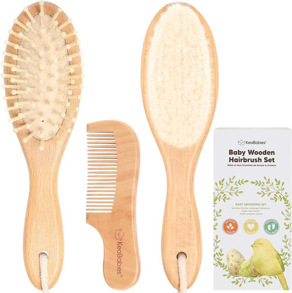 Baby Hair Brush and Baby Comb Set - Wooden Baby Brush with Soft Goat Bristle - Toddler Hair Brush... | Amazon (US)