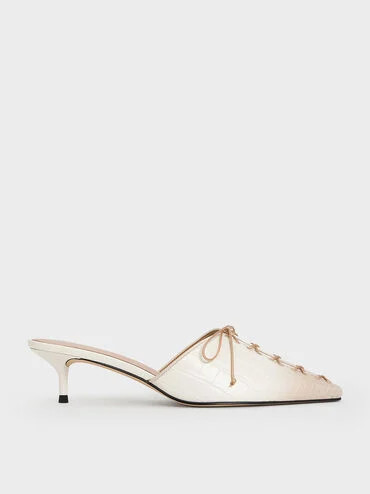 Animal Print Natural Croc-Effect Lace-Up Pointed-Toe Kitten-Heel Mules | CHARLES & KEITH UK | Charles & Keith UK