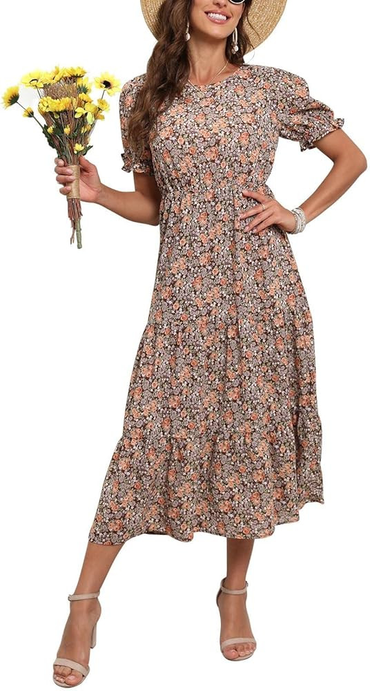 GRECERELLE Women's 2024 Spring Summer Casual Loose Crewneck Boho Dress Ruffle Puff Sleeve High Wa... | Amazon (US)