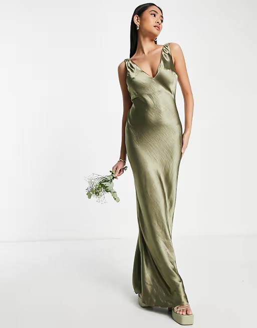 ASOS DESIGN Bridesmaid bias cut satin maxi slip dress with soft v neckline detail | ASOS (Global)