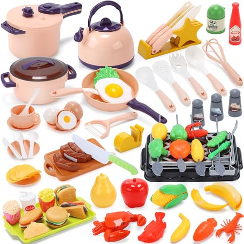 CUTE STONE Play Kitchen Accessories, Cooking Set for Kids with Cutting Play Food & Pretend BBQ, Kids Kitchen Playset with Toy Pots & Pans, Toy Kitchen Sets Learning Gift for Toddlers Girls Boys | Amazon (US)
