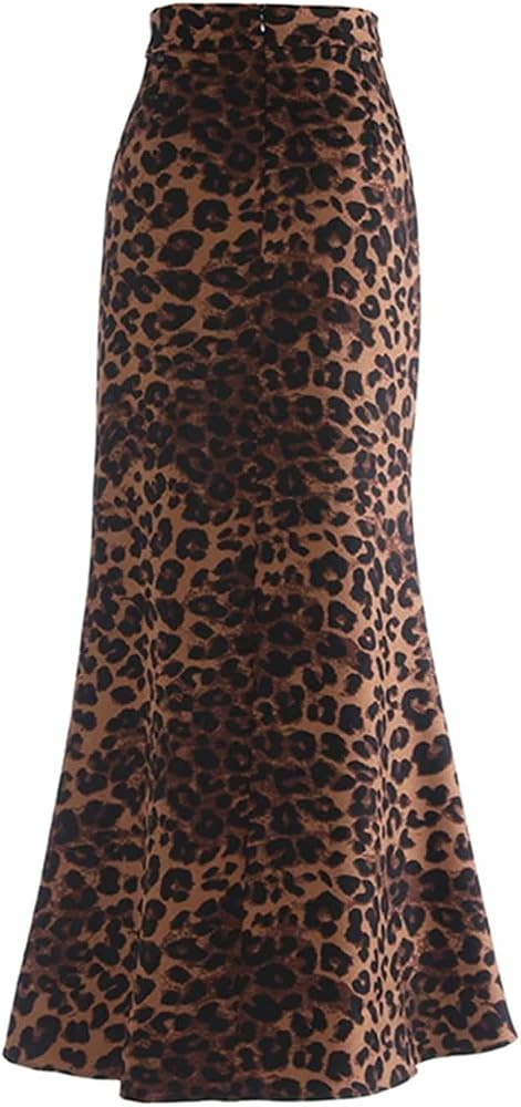 Leopard Print Mid Length Skirt for Women High Waist Slim Fit Hip Wrap Vintage Fishtail Skirts | Amazon (US)