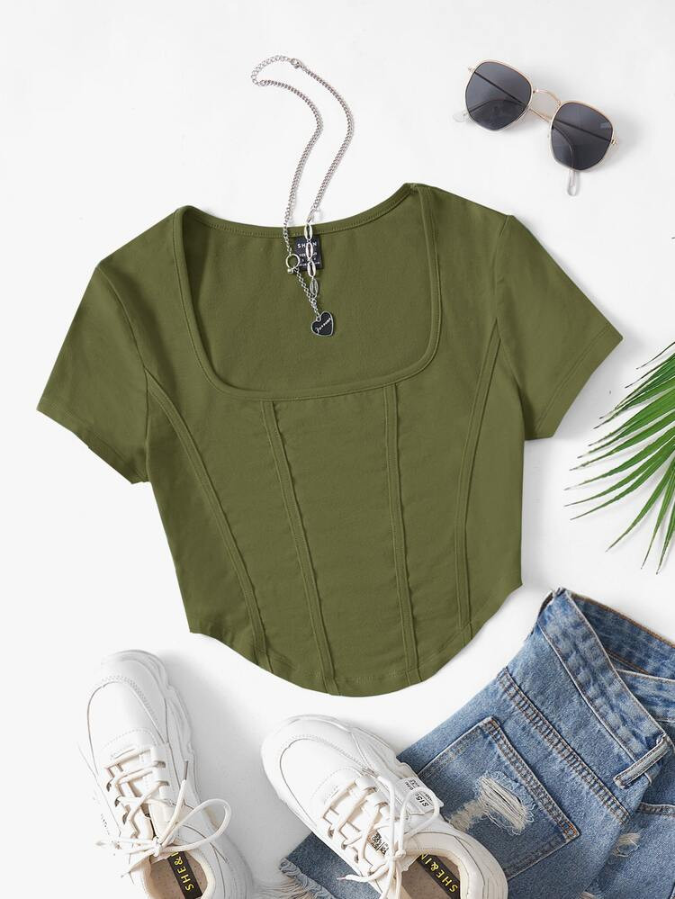 SHEIN EZwear Square Neck Curved Hem Crop Tee | SHEIN