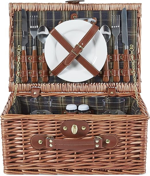 Tower Coast & Country CC879020 Heritage 2 Person Wicker Picnic Hamper Ceramic Plates, Cutlery, 2 ... | Amazon (UK)