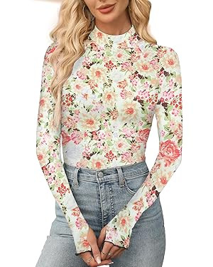 Aoulaydo Long Sleeve Floral Mesh Tops Mockneck Going Out Tops for Women Fashion Spring Outfits 20... | Amazon (US)