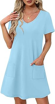 OFEEFAN Summer Dresses for Women 2026 Loose V Neck Short Sleeve Casual T Shirt Dress Sundresses S... | Amazon (US)