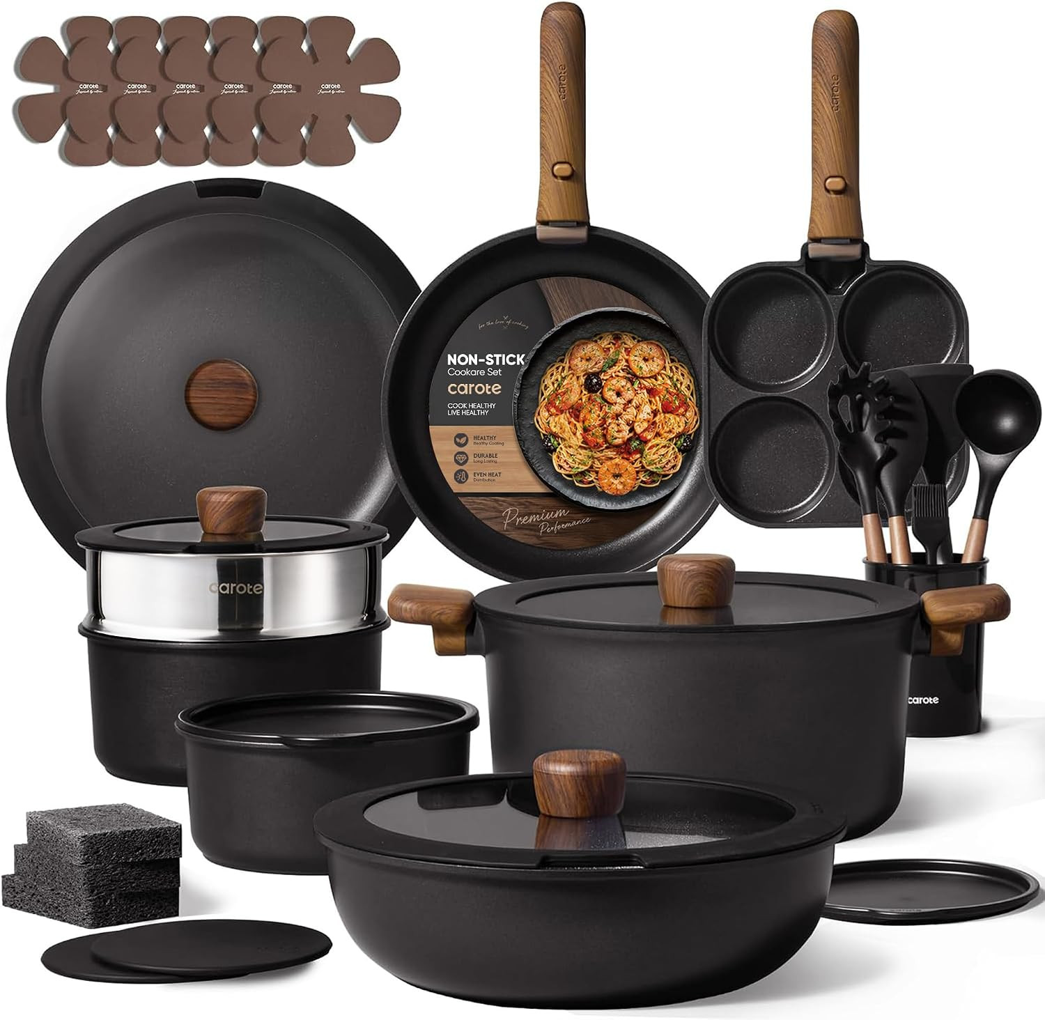 CAROTE 33pcs Pots and Pans Set Non Stick, Detachable Handle Cookware, Black | Amazon (US)