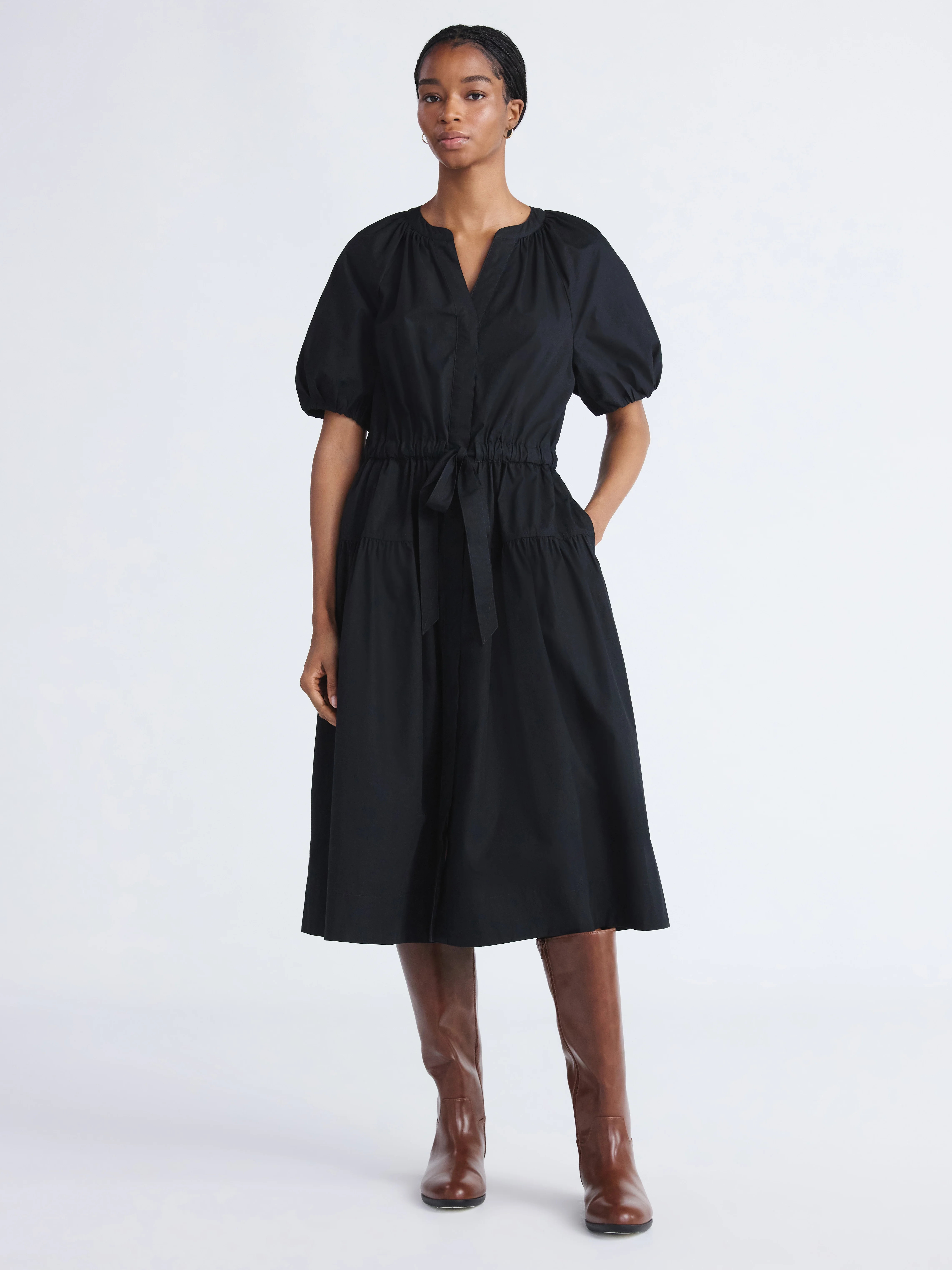 Free Assembly Women's and Women's Plus Cotton Midi Dress with Puff Sleeves, Sizes XS-4X | Walmart (US)