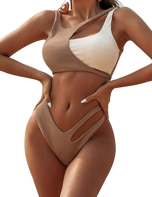 Blooming Jelly Women's Sexy High Cut Bikini Set Two Piece Cutout Color Block Cheeky Swimsuits Bat... | Amazon (US)