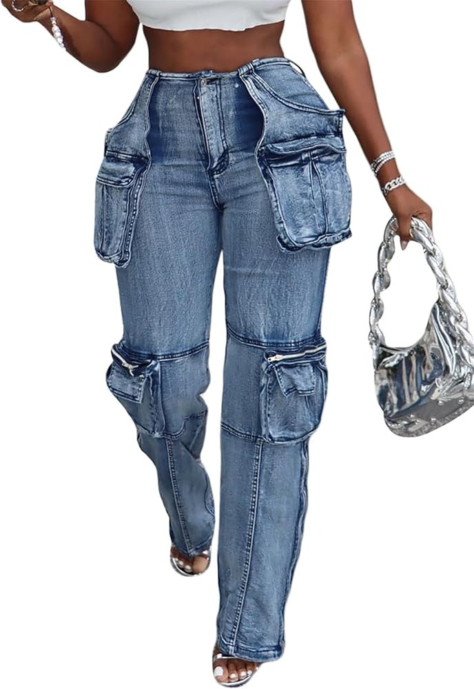 Women's High Waist Baggy Cargo Jeans Zipper Side Slit Straight Wide Leg Stretchy Denim Pants Y2K ... | Amazon (US)