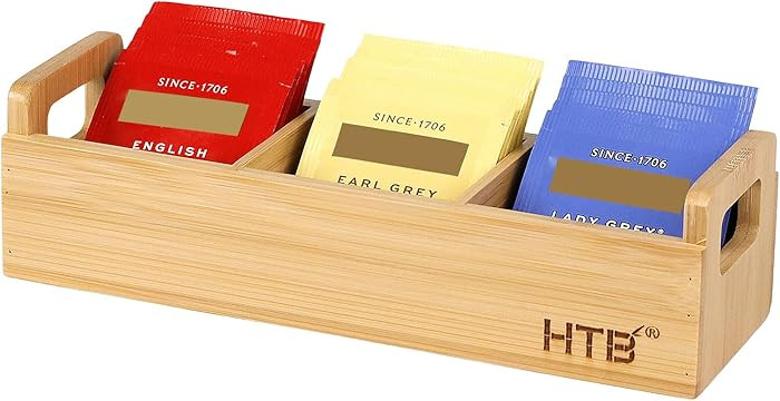 HTB Small Tea Bag Holder, Bamboo Tea Organizer 3 Compartments for Beverage Suppliers, Sugar, Swee... | Amazon (US)