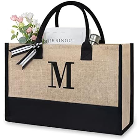 TOPDesign Initial Jute/Canvas Tote Bag, Personalized Present Bag, Suitable for Wedding, Birthday, Be | Amazon (US)