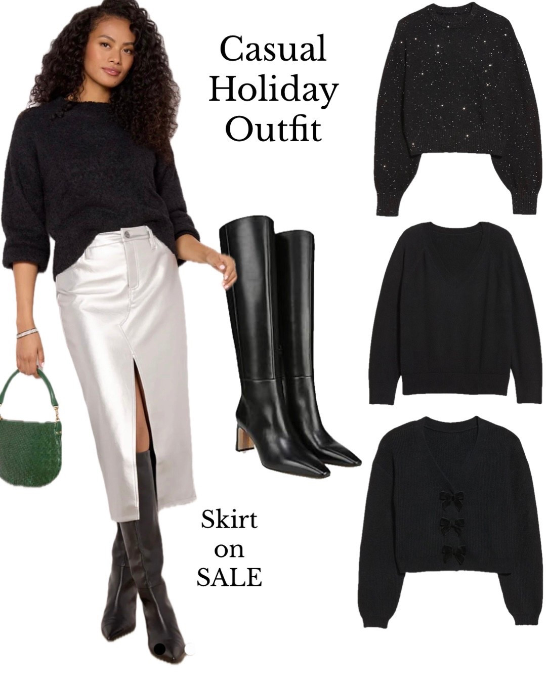 Casual Holiday Outfit…
Silver midi skirt
Black holiday sweater
Knee high boots

#LTKFindsUnder100 #LTKHoliday #LTKOver40