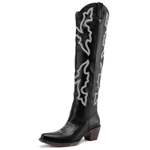 Gradinery Black PU Cowboy Boots For Women Embroide Black PU Fashion Classic Cowgirl Western Boots With Chunky Heels And Pull Tabs 6.5 | Amazon (US)