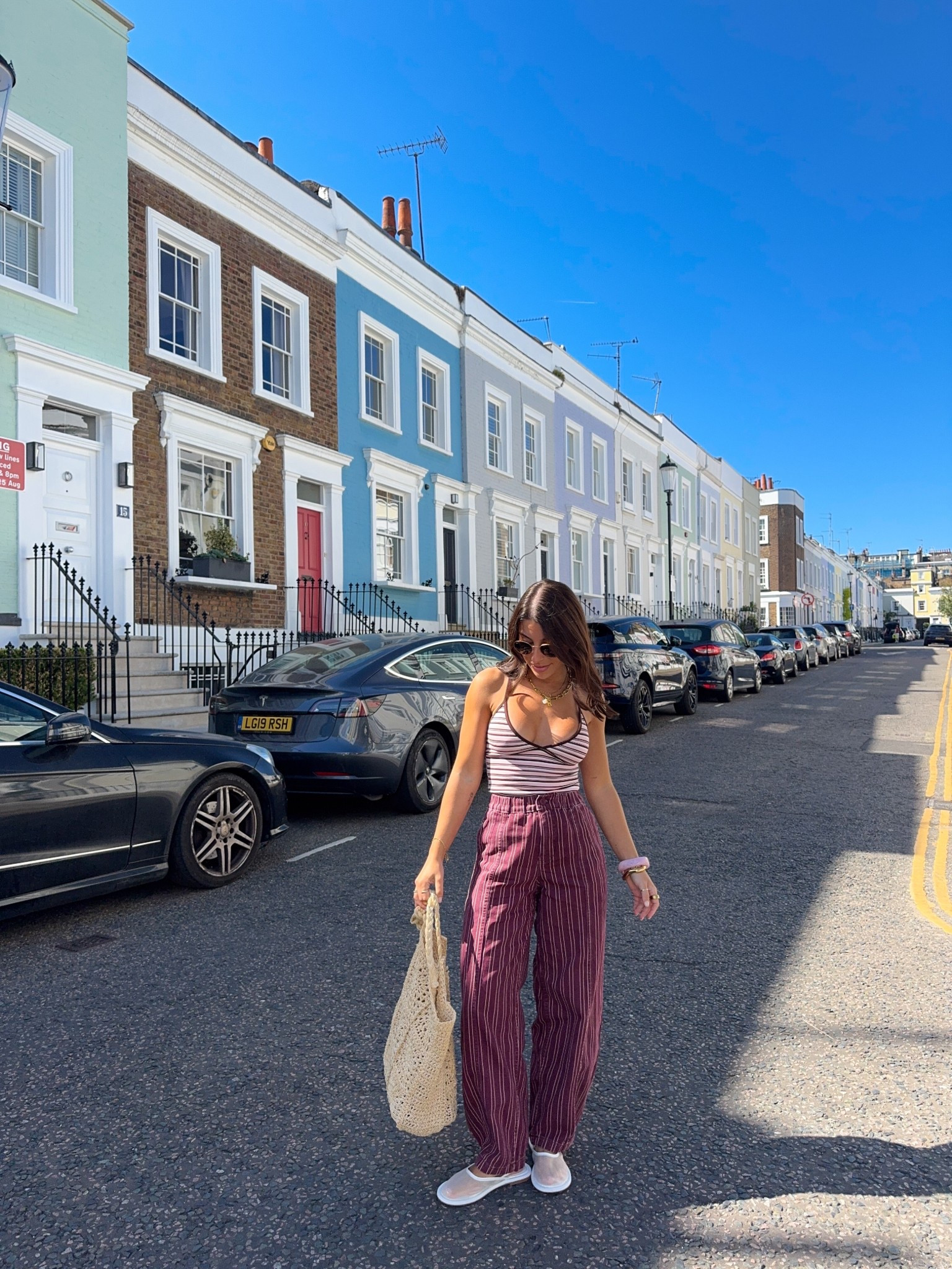Autumn style, transitional outfit, striped jeans, burgundy, stripe, autumnal, autumn sunshine, wardrobe, essentials, strappy top, pink, statement jewellery, resin, gold bangles, gold jewellery, tote bag, sandals, mesh, sunglasses, asos, BERSHKA, petite, 

#LTKuk #LTKpetite #LTKautumn