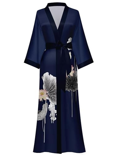 Kihnop Women's Floral Long Kimono Robe Japanese Style, Long Satin Robe, Bathrobe Cover Up, Blue | Amazon (US)