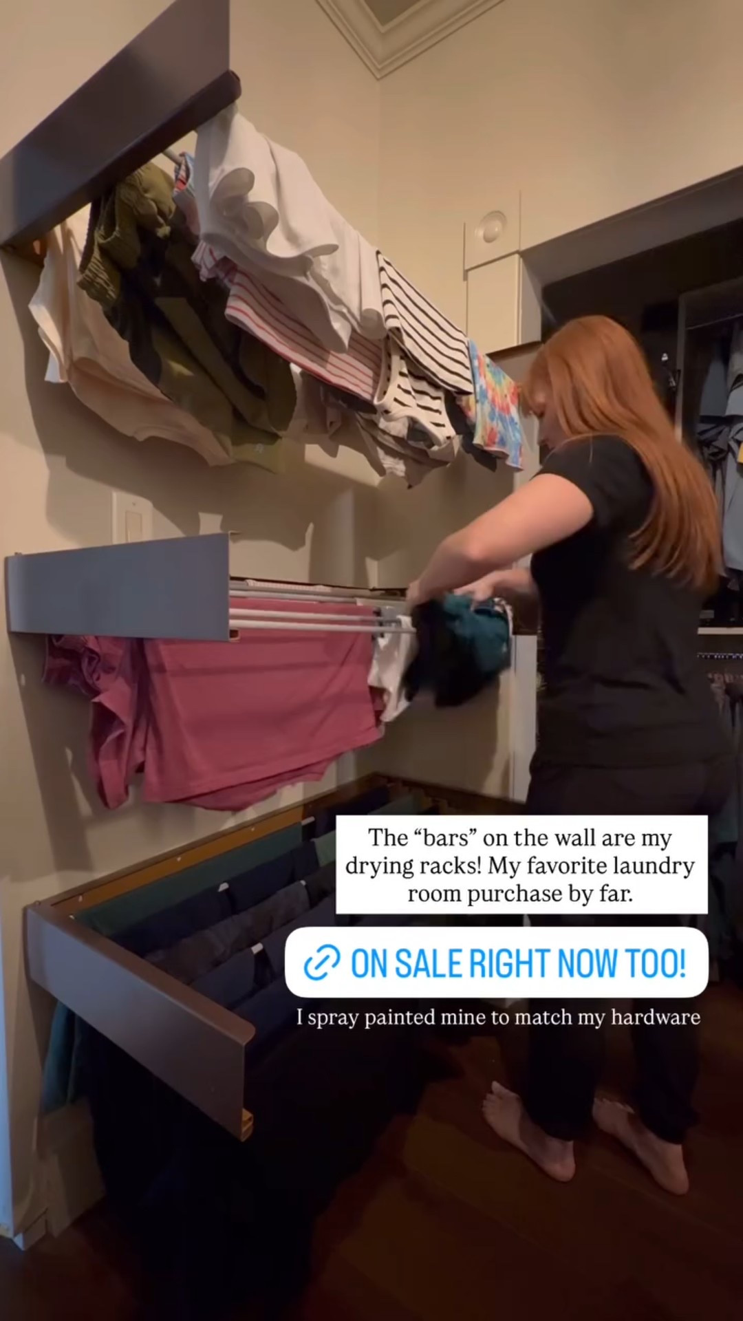 The “bars” on the wall are my drying racks! My favorite laundry room purchase by far.  I spray painted mine to match my hardware! 

#LTKSaleAlert