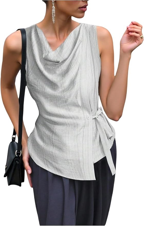 Women's Asymmetrical Collar Blouse Sleeveless Waist Shirt Dressy Casual Top | Amazon (US)