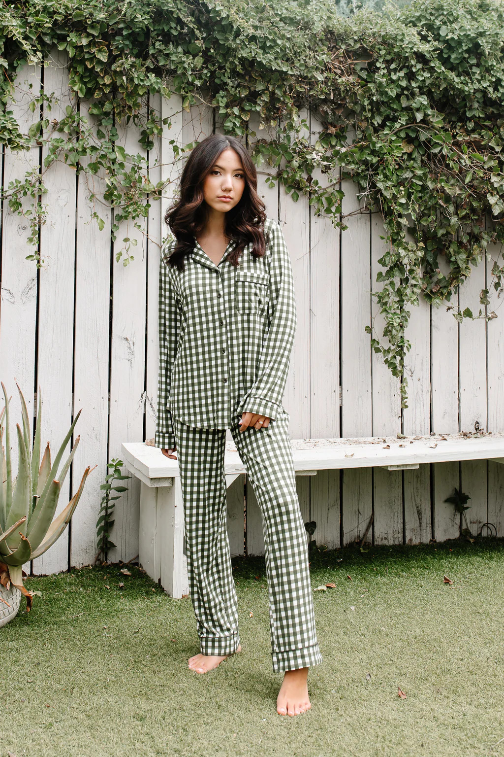 Long-Sleeved Women's Pajama Set in Gingham Fir | Kyte Baby