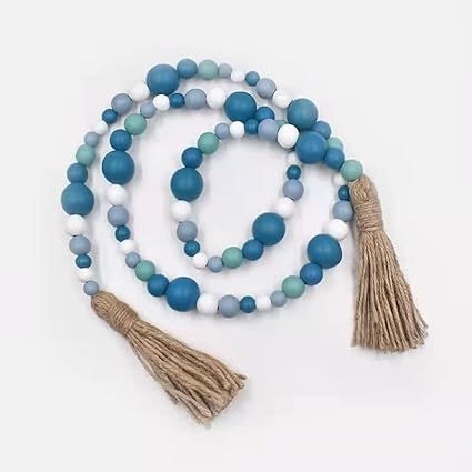 Sivya 82in Wood Bead Garland, Rustic Farmhouse Beads Wall Hanging Prayer Beads (82in, Blue) | Amazon (US)