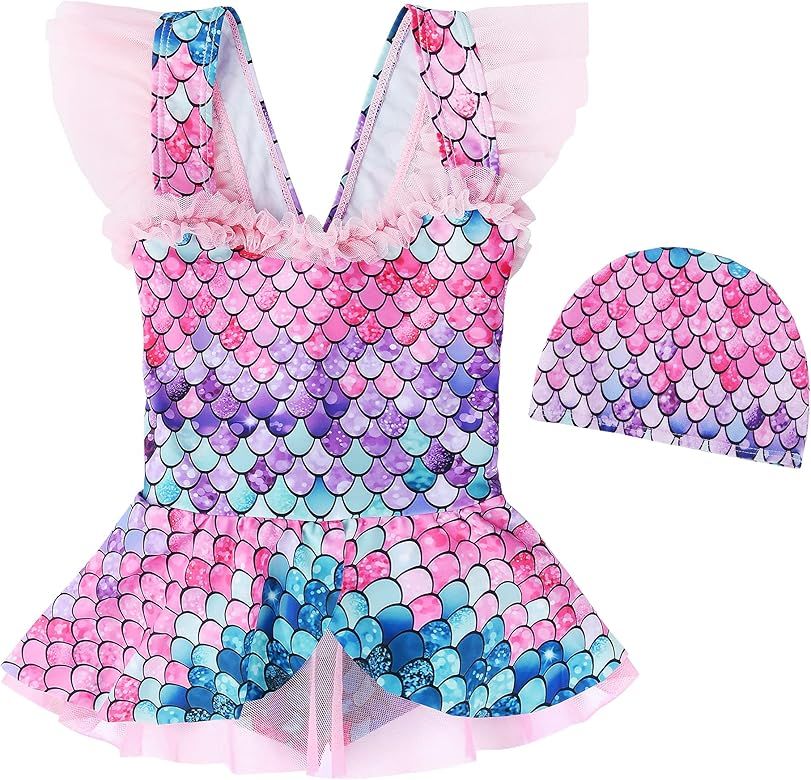 JerrisApparel Girl Mermaid Swimwear Set One-Piece Tutu Ruffle Swimsuit Bathing Suits | Amazon (US)