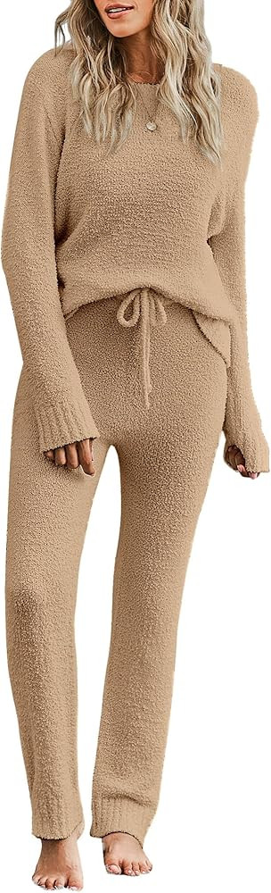 luvamia Women's Casual Pajama Set Fuzzy Fleece Knitted Long Sleeve Pj Loungewear | Amazon (US)