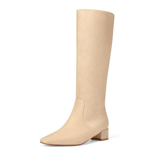 MUCCCUTE Knee High Boots - Tan Boots for Women Square Toe Chunky Heels Tall Boots Suede Pull-On Suede Low Block Heel Long Boot Size 9.5 | Amazon (US)