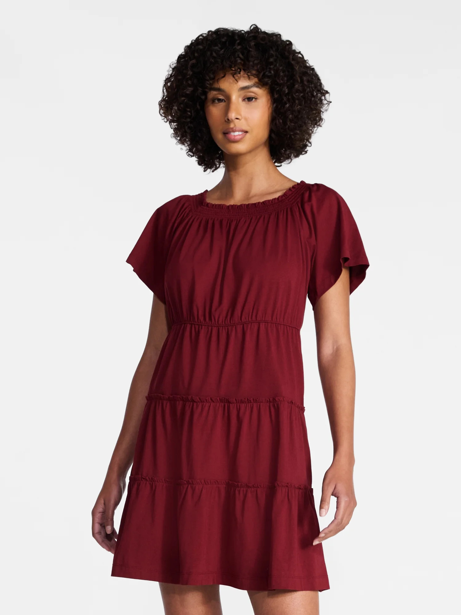 Time and Tru Women's Tiered Cotton Mini Dress with Flutter Sleeves, Sizes XS-XXXL | Walmart (US)