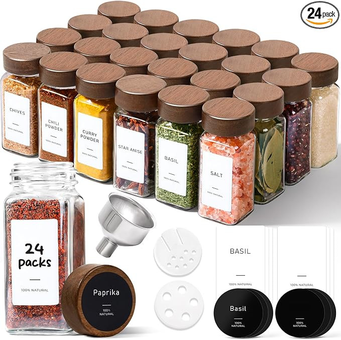 ComSaf Glass Spice Storage Jars with Acacia Wood Lids & Labels 4Oz 24Pack | Seasoning Container f... | Amazon (US)