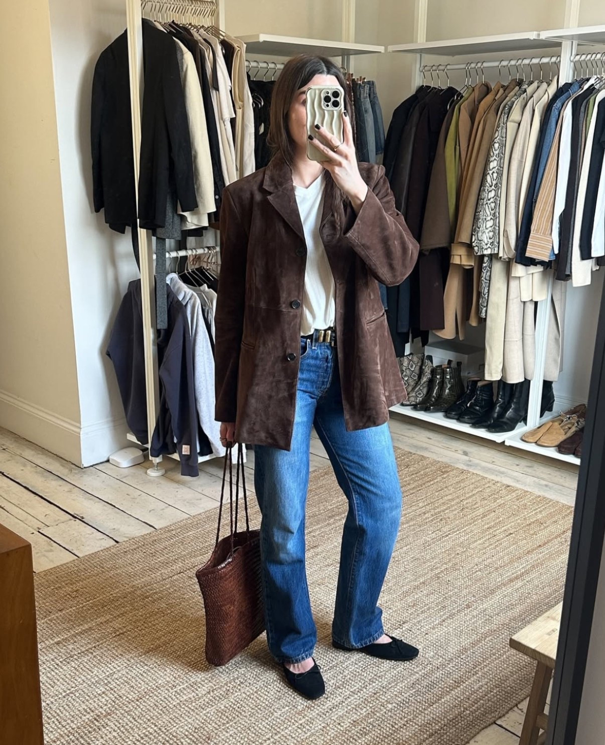 Styling an Arket Suede chocolate brown blazer, Donni pointelle v neck top, blue denim jeans, Flattered suede flats and St Agni woven tote bag

#LTKworkwear #LTKspring #LTKstyletip