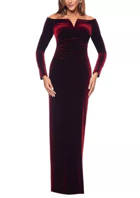 Xscape Women's Off the Shoulder Slim Velvet Gown, Burgundy, 14 | Belk
