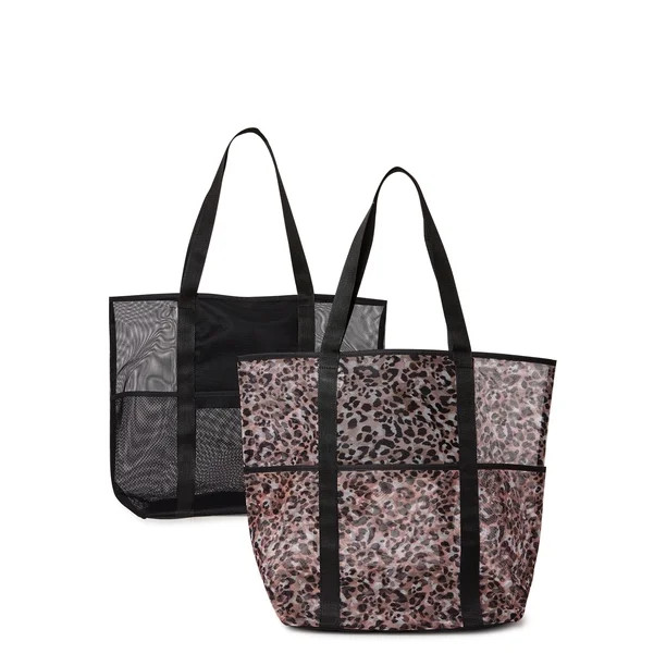 Time and Tru Women's Mesh Beach Tote Bag, 2-Pack Cheetah Print Black | Walmart (US)