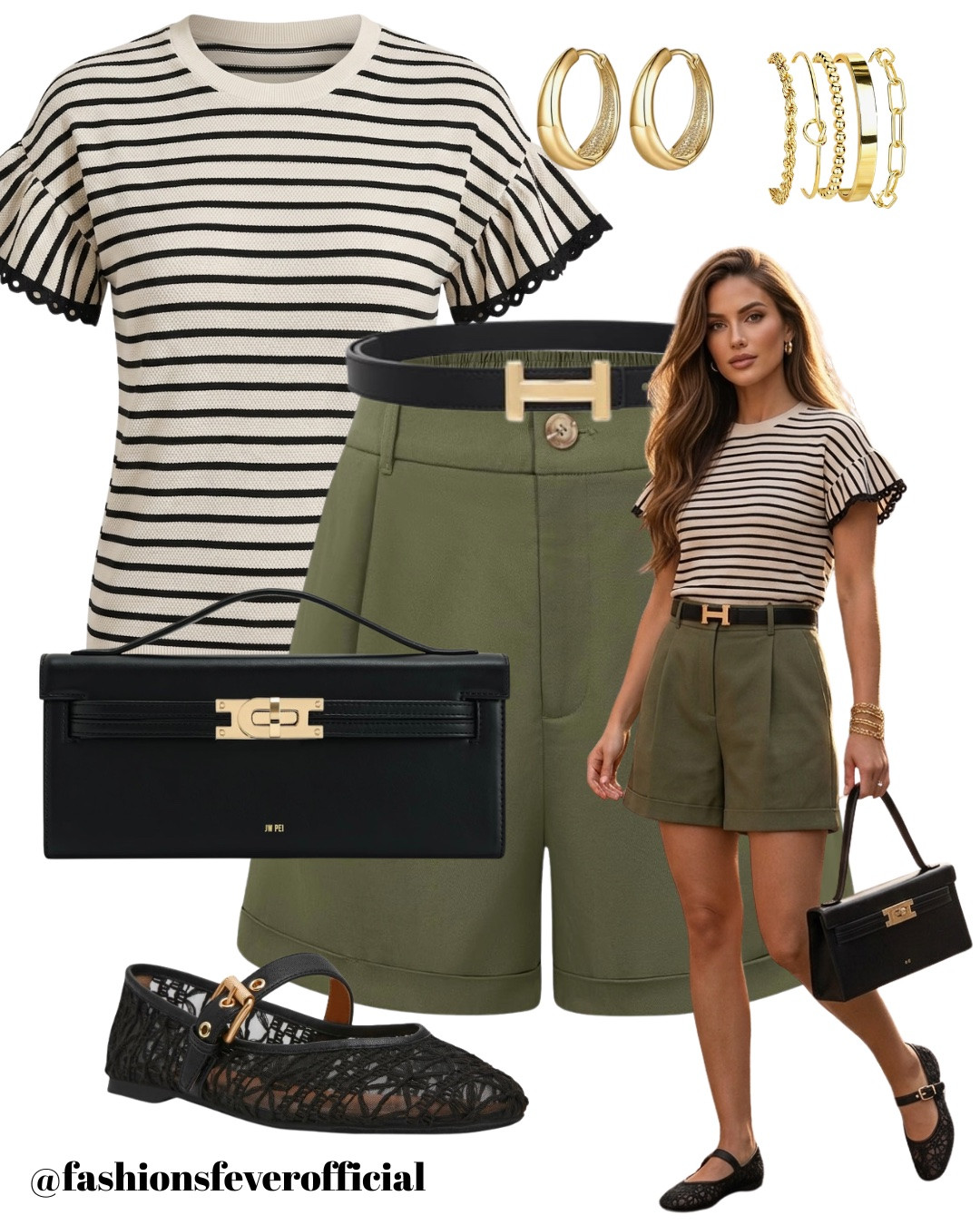 Effortlessly chic and tailored for warm-weather sophistication, this elevated casual look defines modern quiet luxury. The timeless striped ruffle-sleeve top pairs flawlessly with high-waisted olive green pleated shorts, cinched perfectly by a classic black leather belt with gold hardware. Complete with trendy sheer black mesh Mary Jane flats and a structured minimalist leather clutch, this outfit offers the perfect blend of comfort and high-end street style. Shop this look for your next brunch date, city stroll, or vacation wardrobe by clicking the link below! #SummerStyle #QuietLuxury #OOTD #CapsuleWardrobe #EverydayChic

#LTKsummer #LTKstyletip