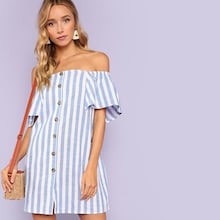 Off Shoulder Button Up Striped Dress | SHEIN