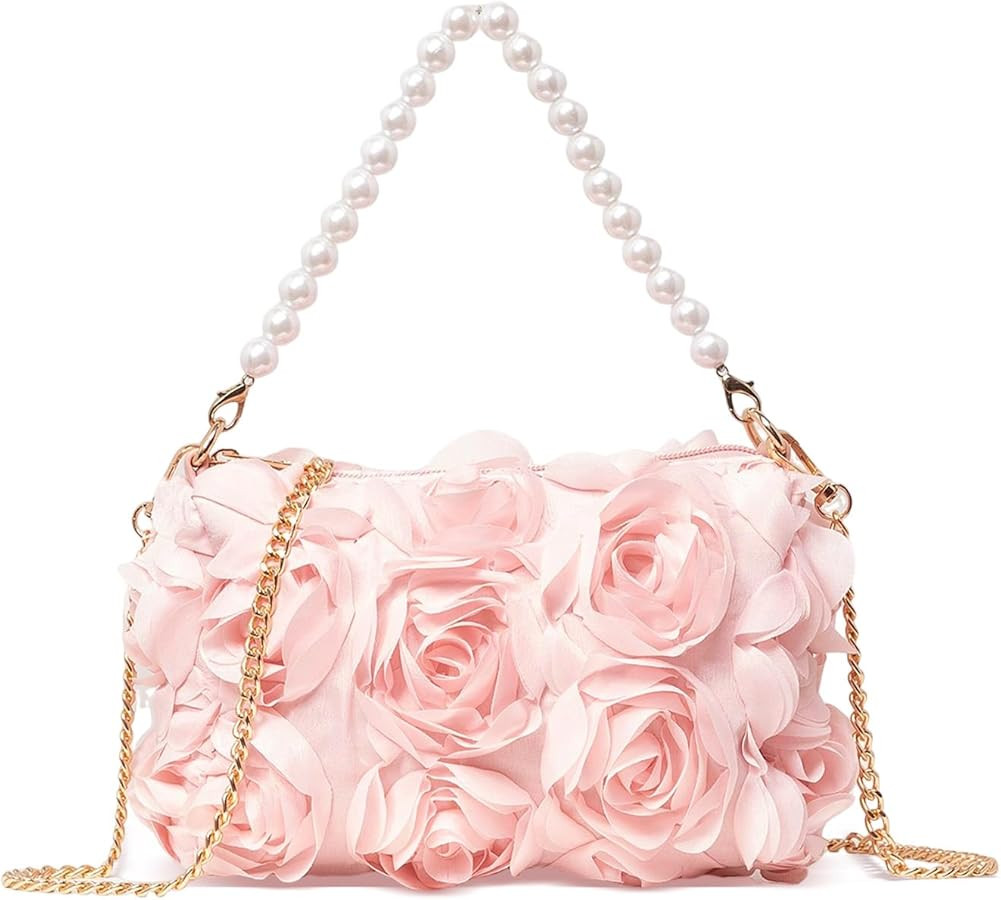 Women Clutches Purse, Chiffon 3D Floral Evening Handbag, Pearl Beaded Top Handle Bag for Wedding,... | Amazon (US)