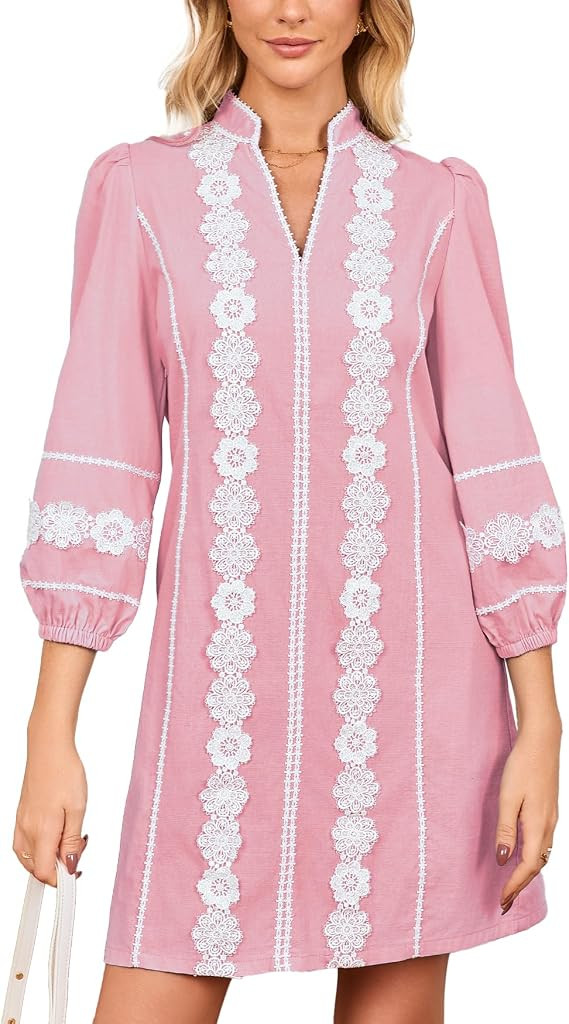 Women's Embroidered Lace Floral Tunic Dress 3/4 Puff Sleeve V Neck Mini Dress with Pockets | Amazon (US)