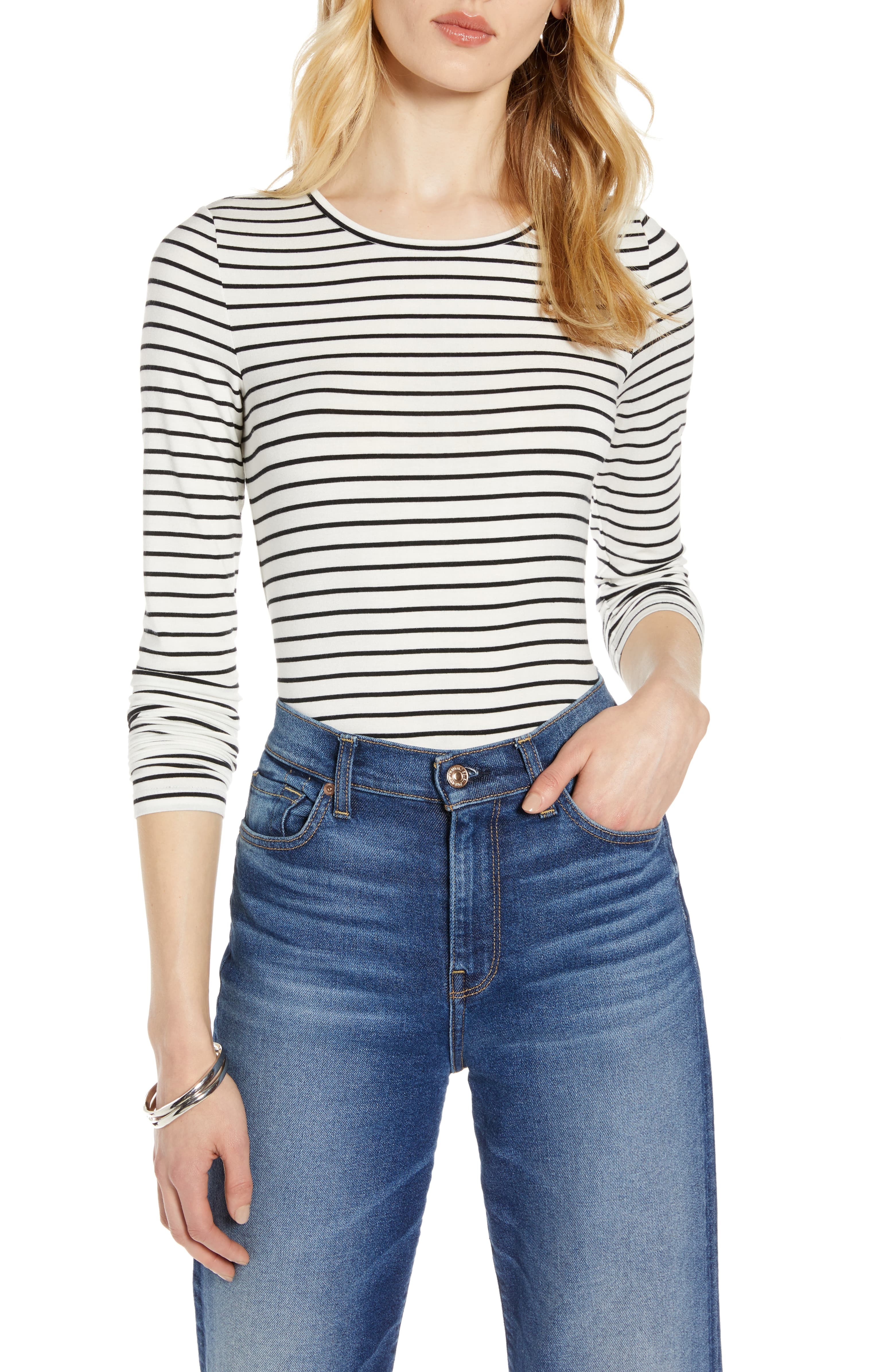 black and white striped long sleeve shirt outfit