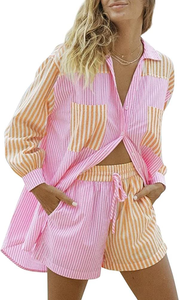 SAFRISIOR Women’s 2 Piece Casual Tracksuit Outfit Sets Stripe Long Sleeve Shirt And Loose High ... | Amazon (US)