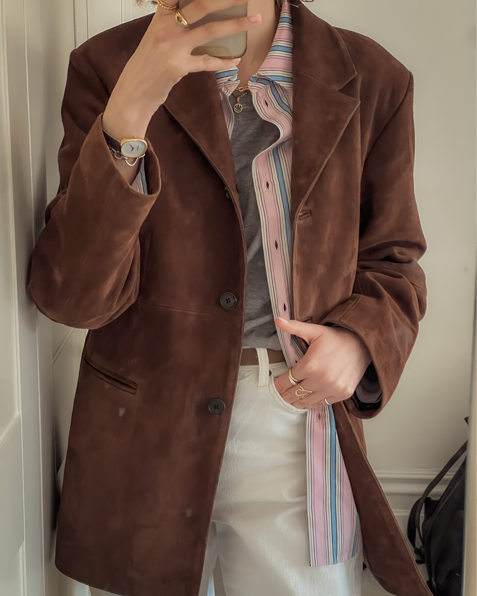 Spring layering- brown suede blazer with a pink button up and white jeans 🤎🌸

#LTKuk #LTKspring #LTKstyletip