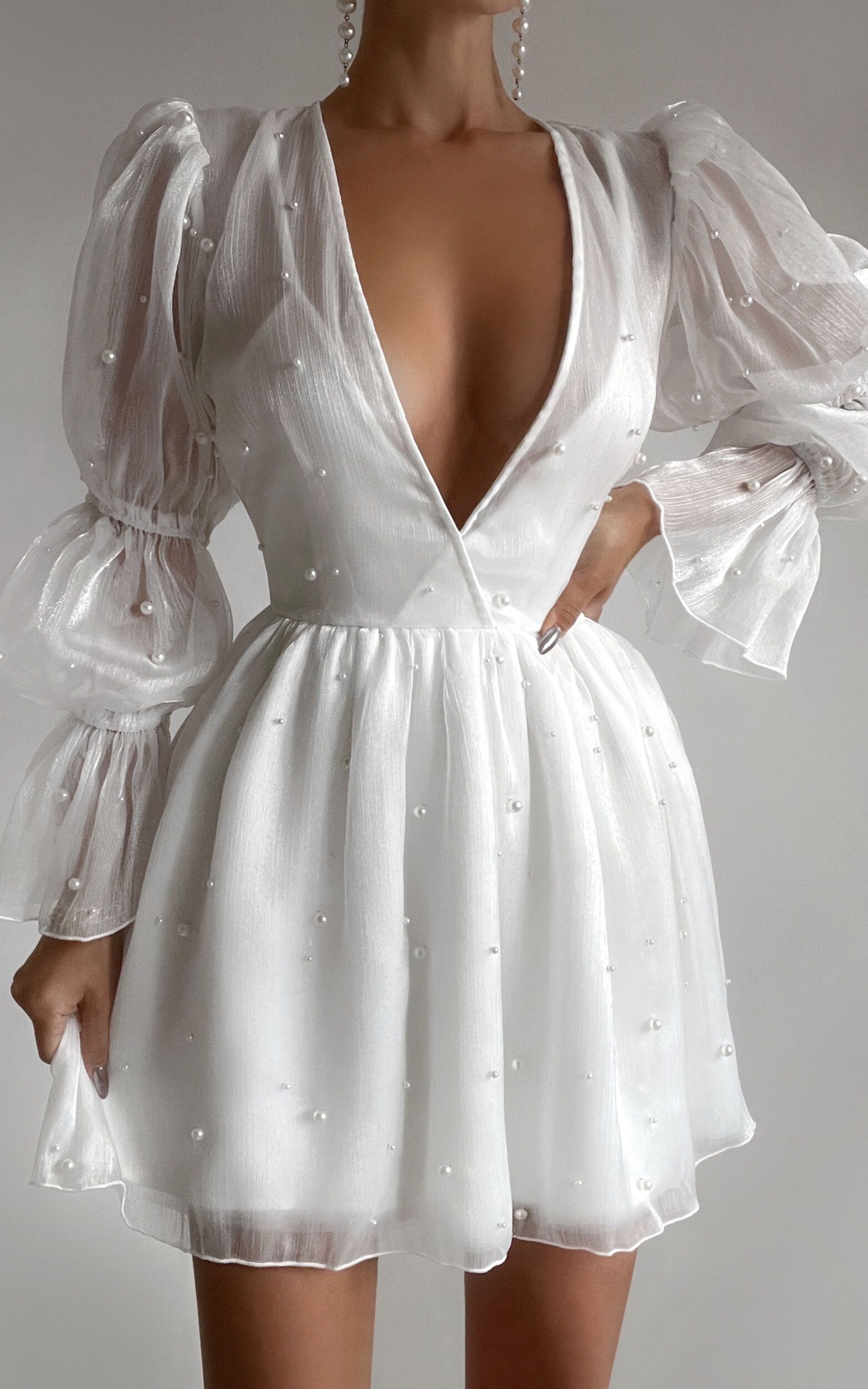 Solanna Mini Dress - Long Puff Sleeve V Neck Dress in White | Showpo (US, UK & Europe)