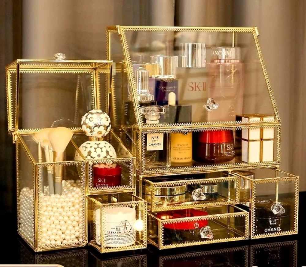 Glass Gold Bathroom Organizer/Stackable 2Pieces Drawer Set Storage/Antique Countertop Vanity Cosm... | Amazon (US)